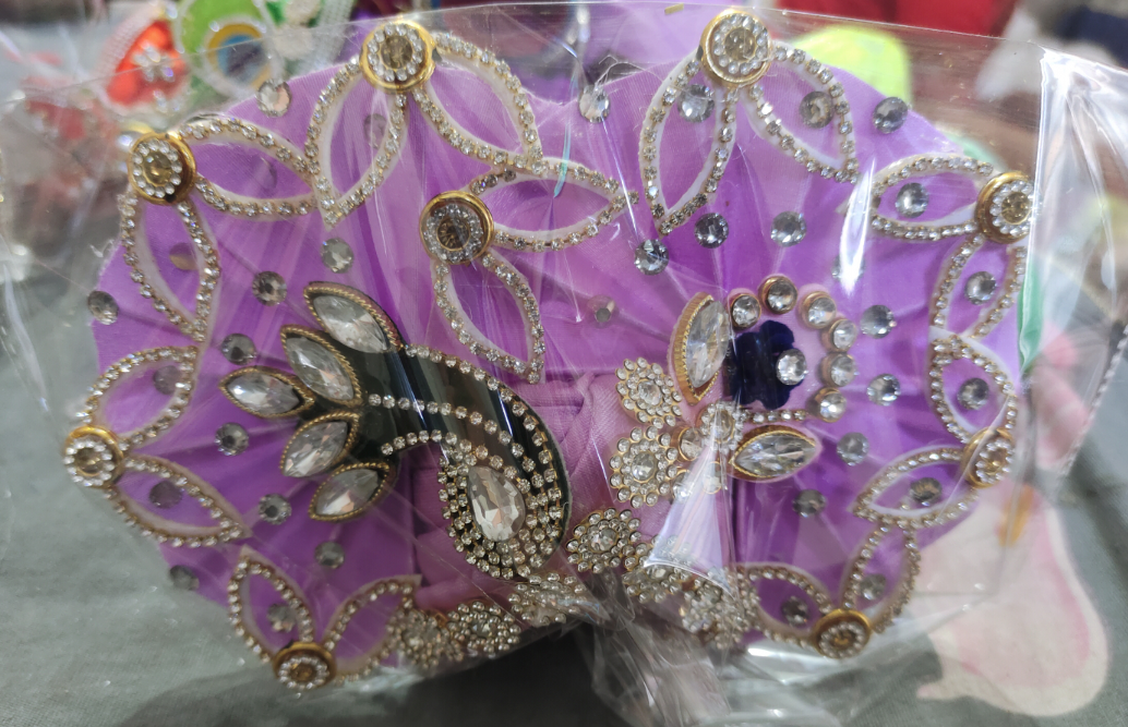 Elegant Handmade Laddu Gopal Mukut – Purple with Black & White Peacock Design