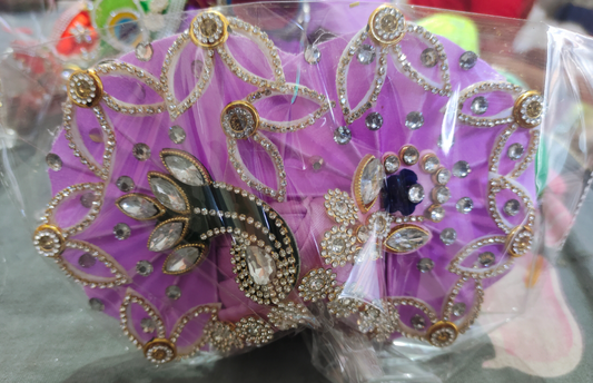 Elegant Handmade Laddu Gopal Mukut – Purple with Black & White Peacock Design